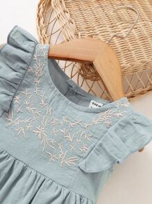 SHEIN Baby Girl Plants Embroidery Ruffle Trim Dress - Dusty Blue - View 3