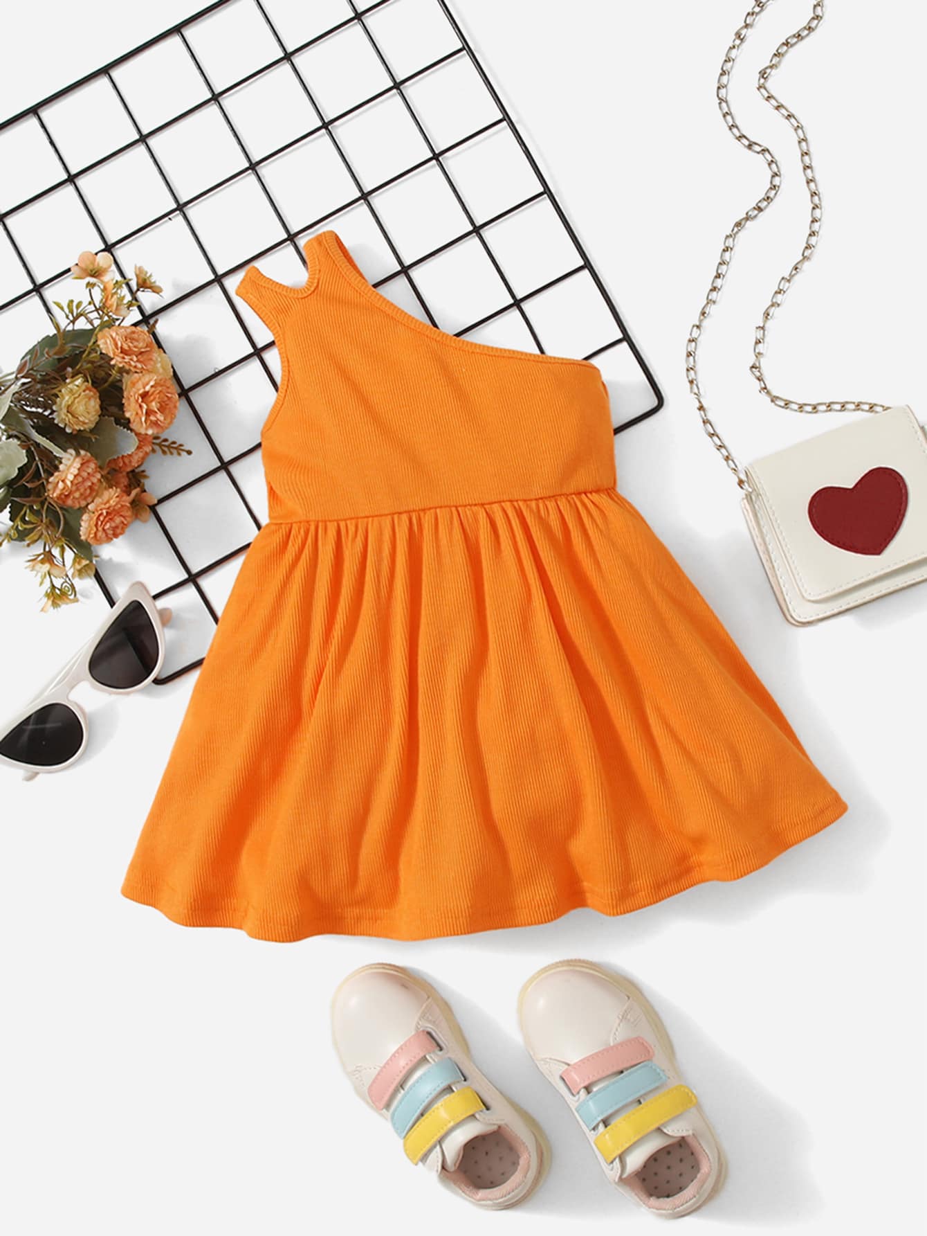 SHEIN Baby One Shoulder A-line Dress - Orange - View 1