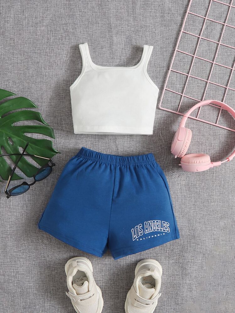 SHEIN Baby Girl Tank Top & Letter Graphic Shorts - Blue - View 1
