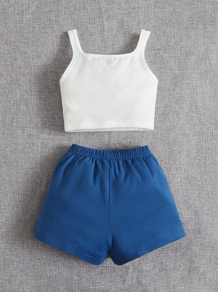 SHEIN Baby Girl Tank Top & Letter Graphic Shorts - Blue - View 2
