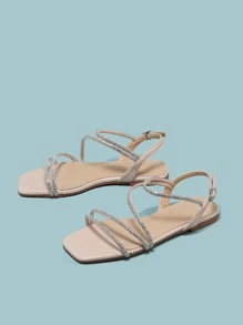 Flat Diamond Sandals Women's Fashionable Open-Toe Square Buckle Summer Sandals, New Arrival, Fairy-Style, Sexy, Thin-Strap, Plus Size Slip-On Women's Sandals - Apricot - View 2