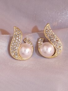 Rhinestone & Faux Pearl Decor Stud Earrings - Yellow Gold - View 3