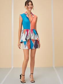 Let Them Stare Geo Print Zip Up Peplum Romper - Multicolor - View 3