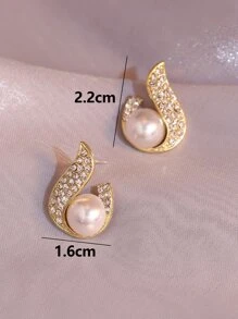 Rhinestone & Faux Pearl Decor Stud Earrings - Yellow Gold - View 5