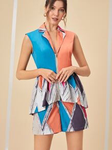 Let Them Stare Geo Print Zip Up Peplum Romper - Multicolor - View 6