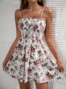 SHEIN VCAY Floral Print Shirred Cami Dress Without Belt