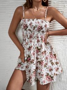 SHEIN VCAY Floral Print Shirred Cami Dress Without Belt