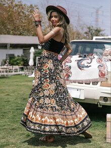 Rusttydustty Váy đi biển dáng bất đối xứng họa tiết hoa ngẫu nhiên màu đen phong cách Bohemian dành cho nữ, thích hợp cho lễ hội âm nhạc, kỳ nghỉ hè. - Nhiều màu - Xem 4