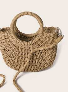 圆形顶部手柄草编包女士编织夏季包大容量手提包半圆形编织草编包，女士夏季斜挎包，迷你圆形手柄草编包休闲手提包，夏季必备品，海滩必备女士包包，适合度假和度假，书包，大容量，便携，适合少女女士大学生，非常适合办公室、大学、小学、初中、高中、工作、商务、通勤，时尚柳条包 - 卡其色 - 查看 7