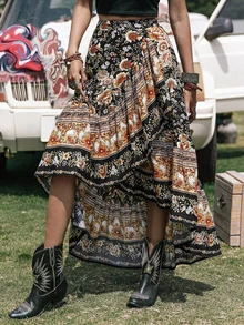 Rusttydustty Váy đi biển dáng bất đối xứng họa tiết hoa ngẫu nhiên màu đen phong cách Bohemian dành cho nữ, thích hợp cho lễ hội âm nhạc, kỳ nghỉ hè. - Nhiều màu - Xem 5