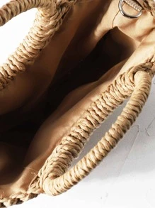 圆形顶部手柄草编包女士编织夏季包大容量手提包半圆形编织草编包，女士夏季斜挎包，迷你圆形手柄草编包休闲手提包，夏季必备品，海滩必备女士包包，适合度假和度假，书包，大容量，便携，适合少女女士大学生，非常适合办公室、大学、小学、初中、高中、工作、商务、通勤，时尚柳条包 - 卡其色 - 查看 8