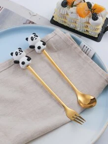 1 pieza con diseño de panda de dibujos animados Tenedor & 1 pieza Cuchara - Dorado - Ver 1