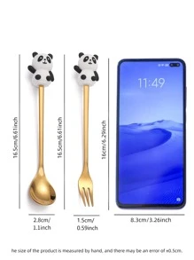 1 pieza con diseño de panda de dibujos animados Tenedor & 1 pieza Cuchara - Dorado - Ver 3