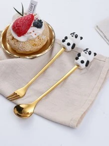 1 pieza con diseño de panda de dibujos animados Tenedor & 1 pieza Cuchara - Dorado - Ver 4