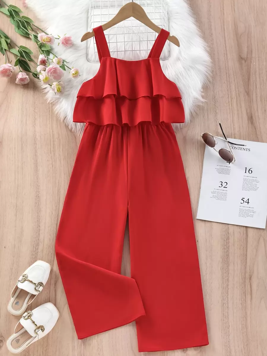 SHEIN Girls' Ruffle Trim Cake Printed Jumpsuit, Red Sleeveless Romper For Vacation & Outings, Summer - Red - View 1