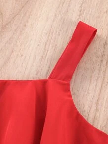 SHEIN Girls' Ruffle Trim Cake Printed Jumpsuit, Red Sleeveless Romper For Vacation & Outings, Summer - Red - View 3