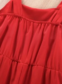 SHEIN Girls' Ruffle Trim Cake Printed Jumpsuit, Red Sleeveless Romper For Vacation & Outings, Summer - Red - View 4