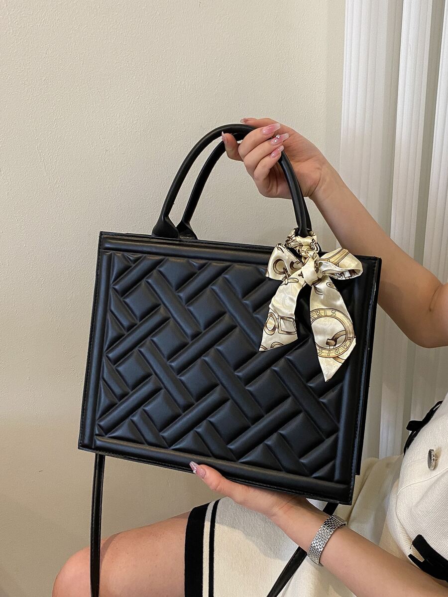 Túi xách nữ đa năng thời trang kèm khăn quàng cổ 2024 mùa hè mới về Bộ túi xách vuông công sở và túi đeo chéo, ví nơ thời trang cho nữ - màu đen - Xem 1