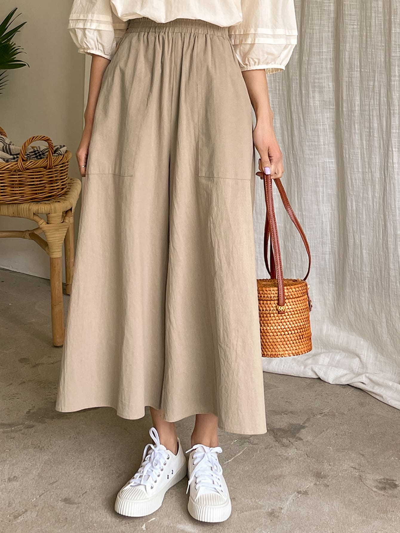 DAZY Slant Pocket Wide Leg Pants - Khaki - View 1