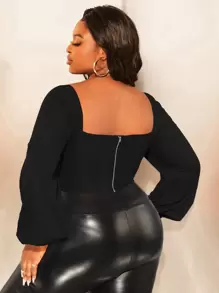 Slaydiva Plus Lantern Sleeve Tie Front Ruched Bust Top - Black - View 2