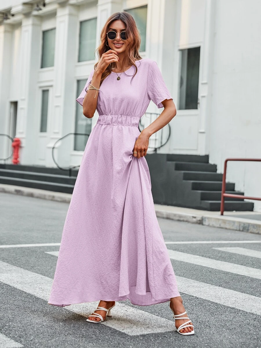 Solid Elastic Waist A-line Dress - Lilac Purple - View 1