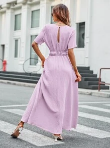 Solid Elastic Waist A-line Dress - Lilac Purple - View 2