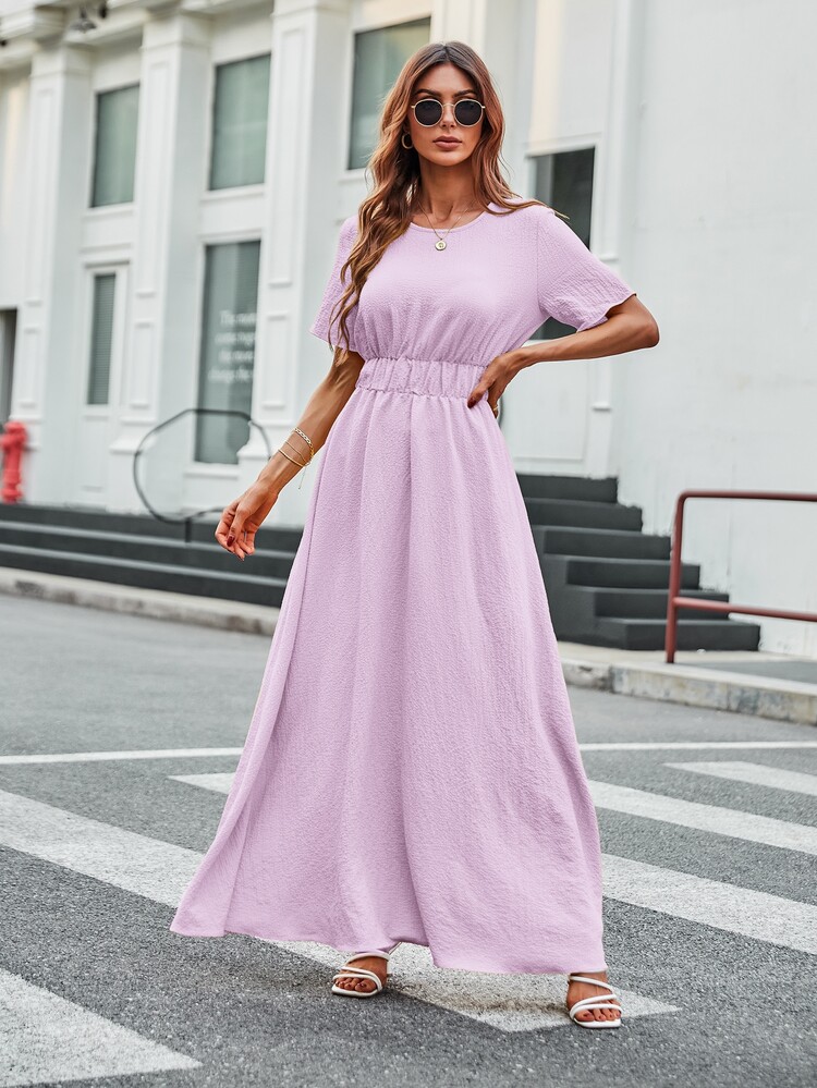 Solid Elastic Waist A-line Dress - Lilac Purple - View 4