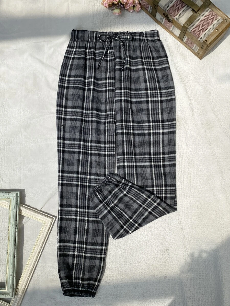 Plaid Elastic Waist Sleep Trousers - Dark Grey - View 1