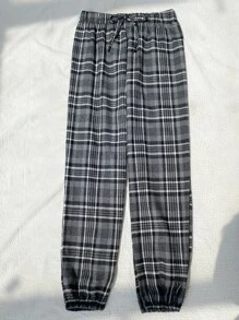 Plaid Elastic Waist Sleep Trousers - Dark Grey - View 3