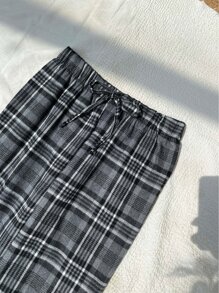 Plaid Elastic Waist Sleep Trousers - Dark Grey - View 5