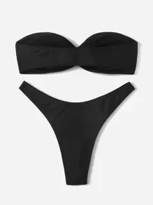 Swim Basics Summer Beach Mono Bikini Set Drawstring Bandeau Bra Top & High Cut Bikini Bottom 2 Pieces Bikini - Black - View 2