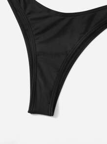 Swim Basics Summer Beach Mono Bikini Set Drawstring Bandeau Bra Top & High Cut Bikini Bottom 2 Pieces Bikini - Black - View 4