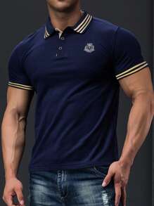 Manfinity Men Striped Trim Logo Print Polo Shirt - Navy Blue - View 1