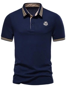 Manfinity Men Striped Trim Logo Print Polo Shirt - Navy Blue - View 4