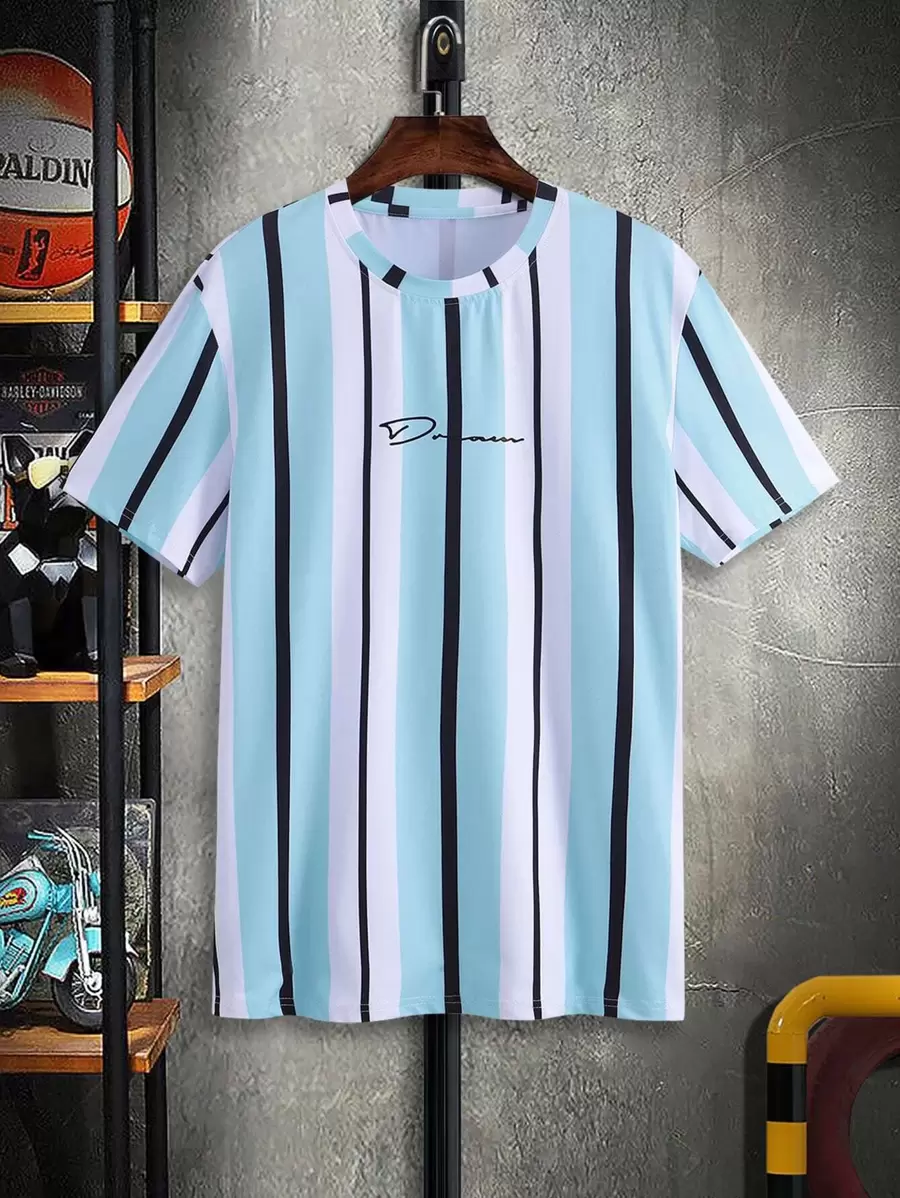 Manfinity Homme Men Vertical Striped & Letter Graphic Casual Short Sleeve Tee, Boyfriend Gift - Multicolor - View 1