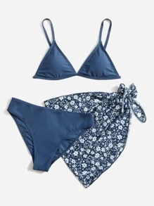 Conjunto de Maiô Bikini Triângulo em Pacote de 3 e Saia de Praia com Estampa Floral para Adolescentes, Praia de Verão