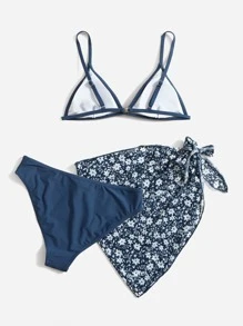 Conjunto de Maiô Bikini Triângulo em Pacote de 3 e Saia de Praia com Estampa Floral para Adolescentes, Praia de Verão