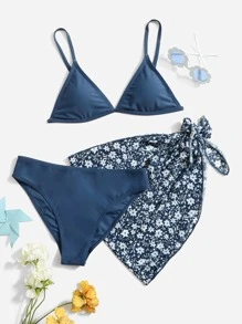 Conjunto de Maiô Bikini Triângulo em Pacote de 3 e Saia de Praia com Estampa Floral para Adolescentes, Praia de Verão