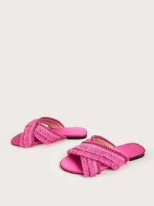 度假粉色涼拖適用於女士流蘇和絨球裝飾交叉帶涼鞋 - 玫紅色 - 查看 2
