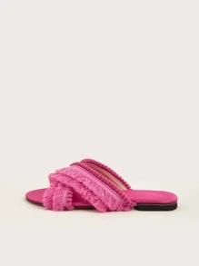 度假粉色涼拖適用於女士流蘇和絨球裝飾交叉帶涼鞋 - 玫紅色 - 查看 3