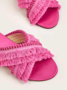 度假粉色涼拖適用於女士流蘇和絨球裝飾交叉帶涼鞋 - 玫紅色 - 查看 4