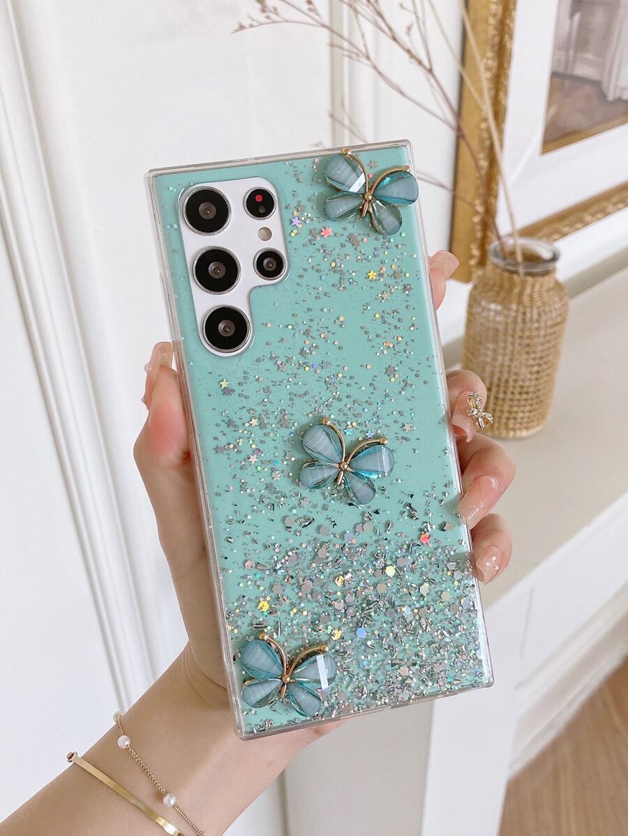 1pc Liquid Glitter Dreamy Starry Sky & Three Butterflies Pattern Phone Case Compatible With Samsung,International Version, Not The Domestic Version - Green - View 1