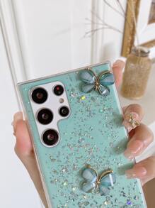 1pc Liquid Glitter Dreamy Starry Sky & Three Butterflies Pattern Phone Case Compatible With Samsung,International Version, Not The Domestic Version - Green - View 3