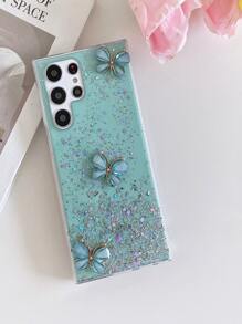 1pc Liquid Glitter Dreamy Starry Sky & Three Butterflies Pattern Phone Case Compatible With Samsung,International Version, Not The Domestic Version - Green - View 2