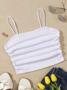 INAWLY Solid Ruched Side Crop Cami Top - White - View 1