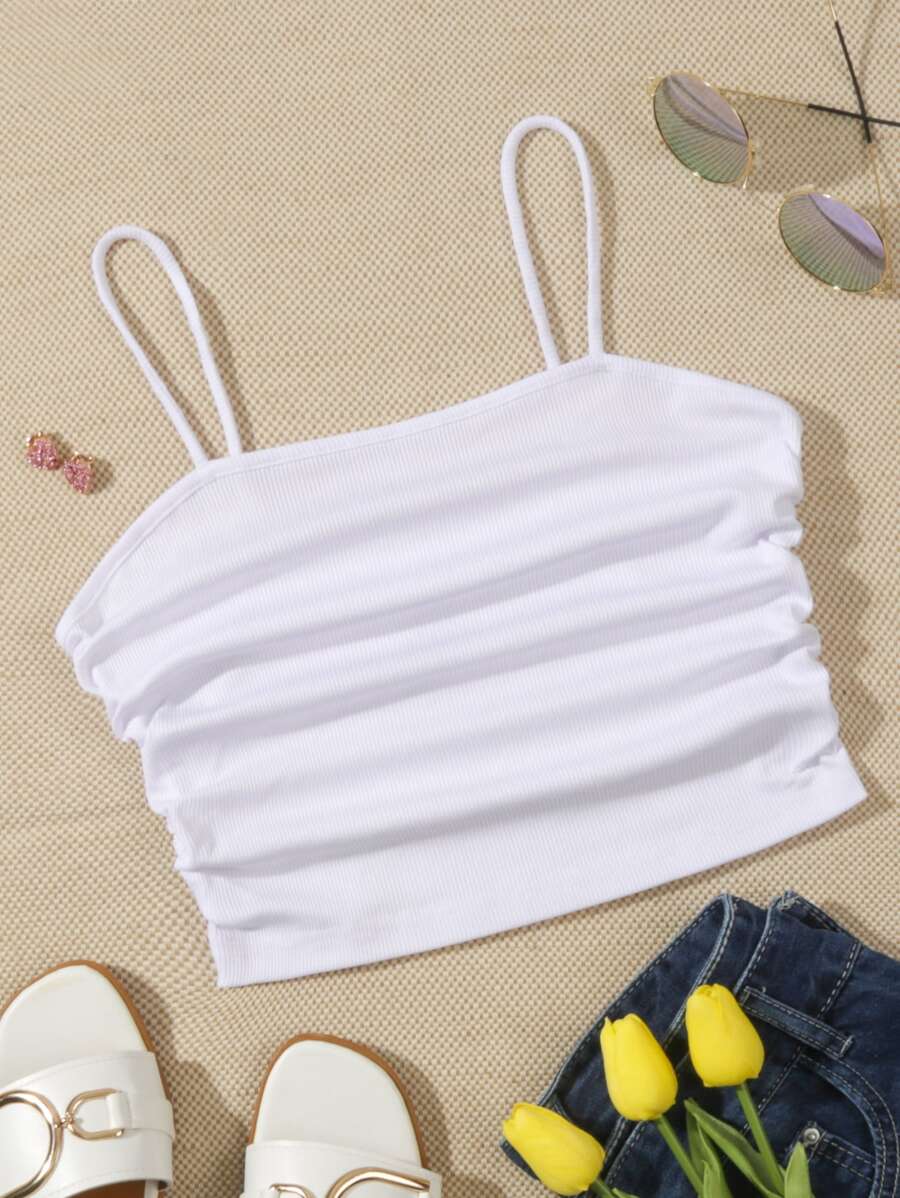 INAWLY Solid Ruched Side Crop Cami Top - White - View 1
