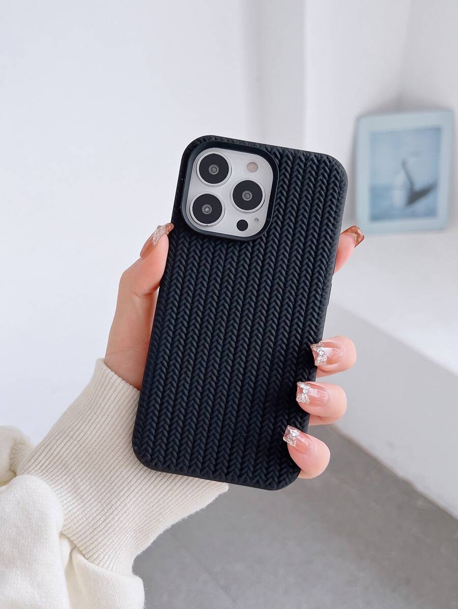 1pc Silicone Solid Color And Gradient Liquid Woven Pattern Phone Case Compatible With IPhone 11/12/13/14/15/13promax/14promax/15promax - Black - View 1