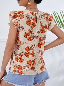 SHEIN LUNE Floral Print Ruffle Trim Blouse - Apricot - View 2