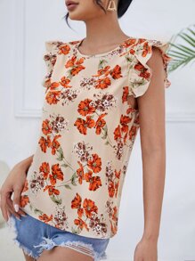 SHEIN LUNE Floral Print Ruffle Trim Blouse - Apricot - View 5