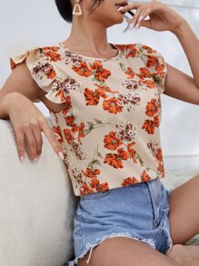 SHEIN LUNE Floral Print Ruffle Trim Blouse - Apricot - View 1